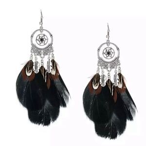 Dream Catcher Feather Earrings Black Brown long Dangle Boho